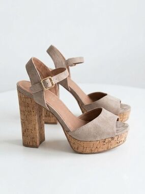 Suede Cork Wedge Sandals - Neutral Taupe